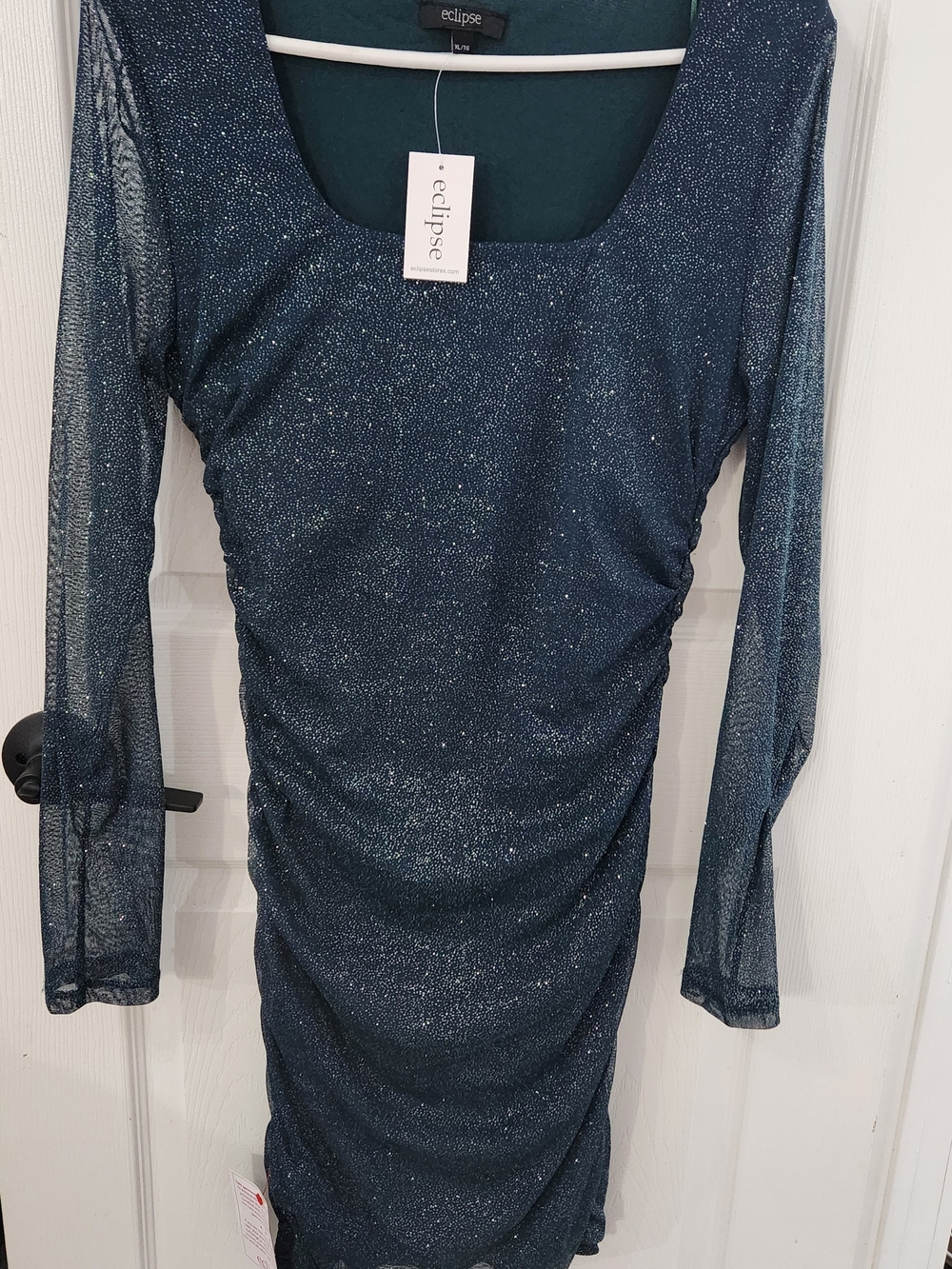Eclipse Dark Green Sparkle Ruched Midi Dress